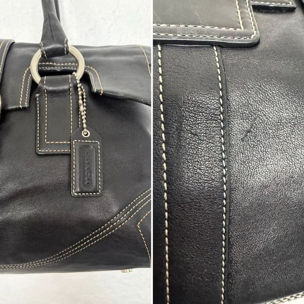 Coach Soho Black Glove Leather Flap Satchel Shoulder Bag Contrast Stitch